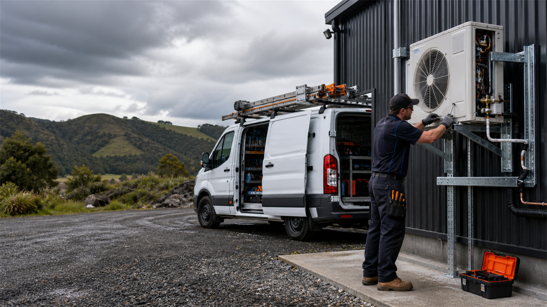 JP Aircon technician servicing a Daikin outdoor unit beside the company van